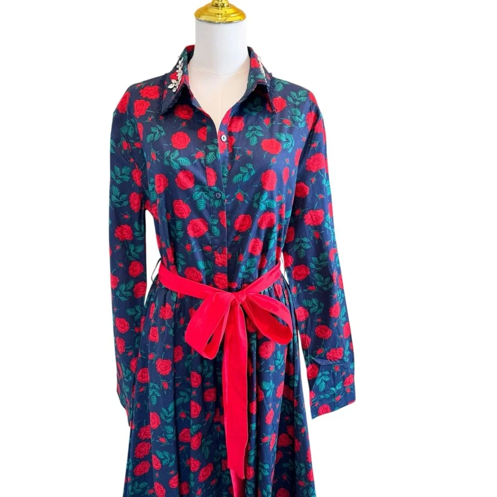 NWT Trish Scully Constance Maxi Dress Navy Rose Floral 12 Rhinestone Long Sleeve - Picture 4 of 17